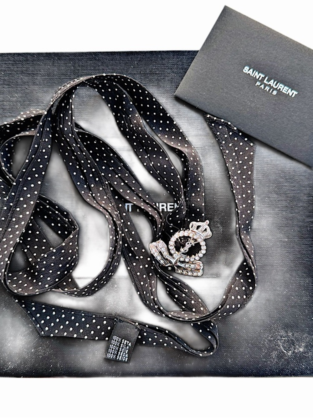 Authentic Saint Laurent Black Silk Crystal Logo Choker
